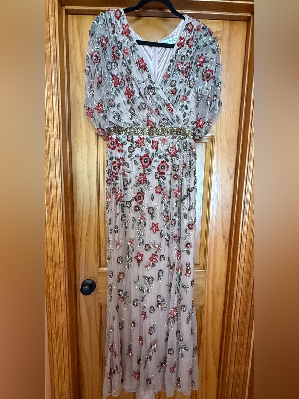 Macduggal V-Neck Floral Beaded Maxi Dress